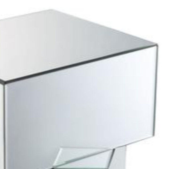 Mirror and Glass End Table with Unique Geometrical Base Design, Silver-Benzara