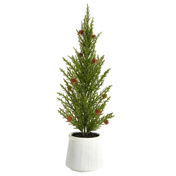 Nearly Natural 20-in Cedar Pine “Natural Look-in Artificial Tree with Mini Pine Cones in Decorative Planter