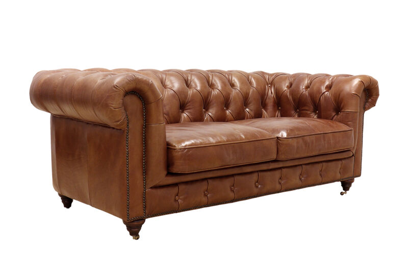 Pasargad Home Paris Club Top Grain Leather Tufted Loveseat, Brown