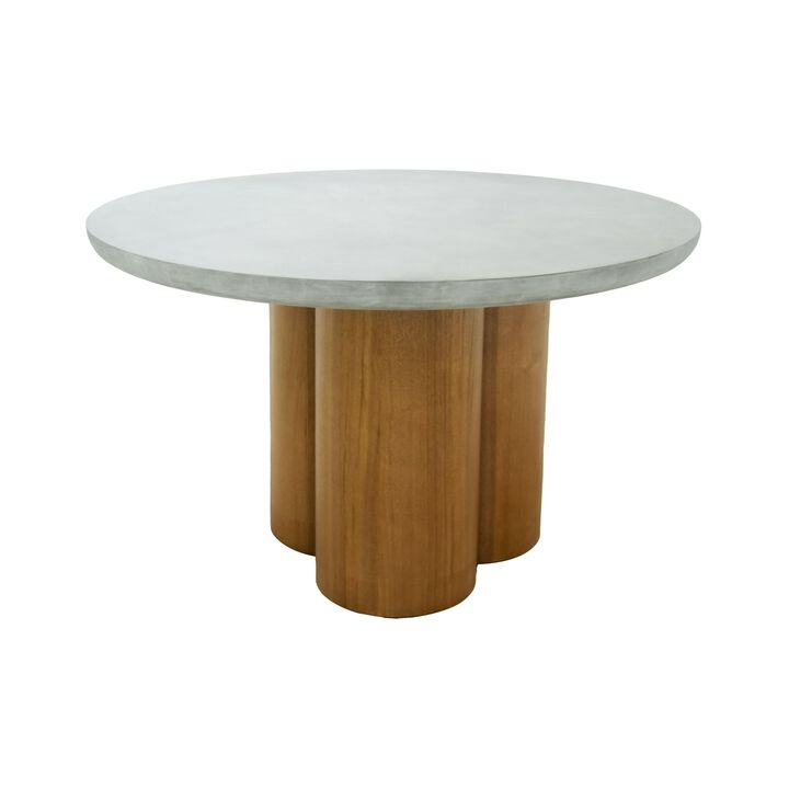 Cid Ziv 47 Inch Dining Table, Gray Faux Concrete Round Top, 3 Pillar Base - Benzara