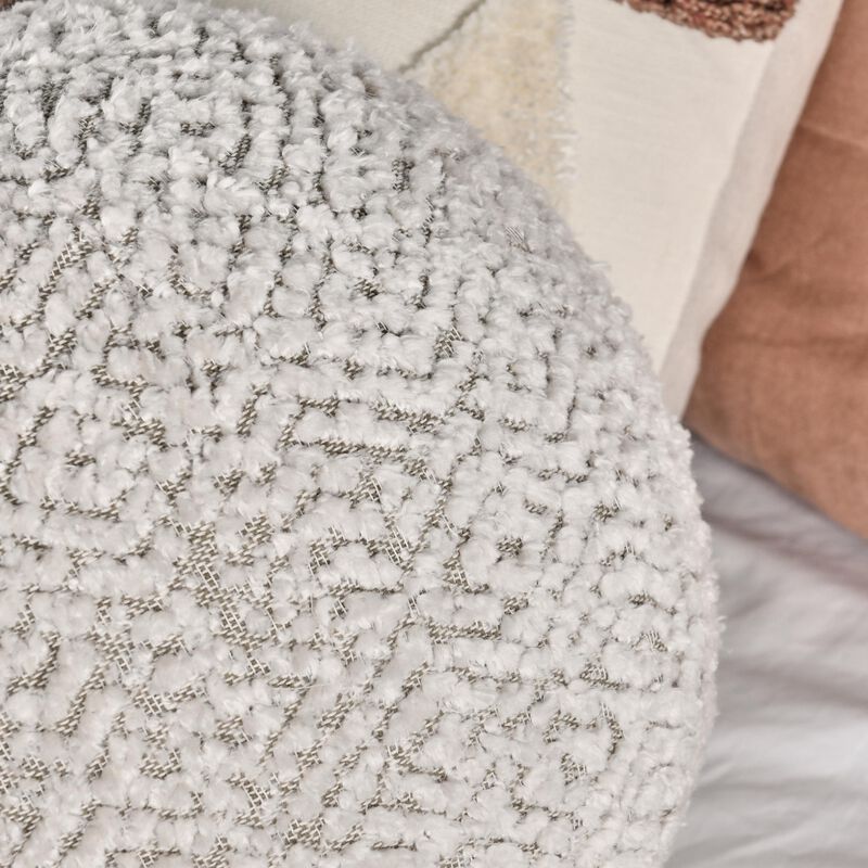Rias Throw Pillow, Pierced Design, Round 12 Inch Ivory Cotton Linen - Benzara