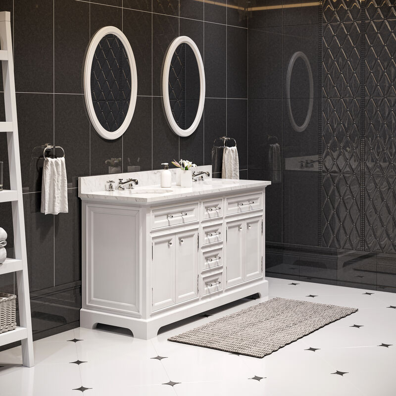 Derby 60 In. Double Sink Carrara White Marble Countertop Bath Vanity In Pure White