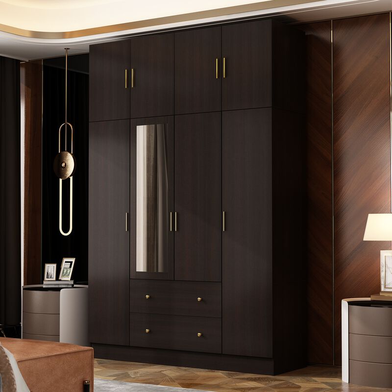 FUFU&GAGA Elegant Wardrobe with Mirror, Adjustable Shelves, and Spacious Drawers (63" W x 19.7" D x 94.5" H),Dark Brown