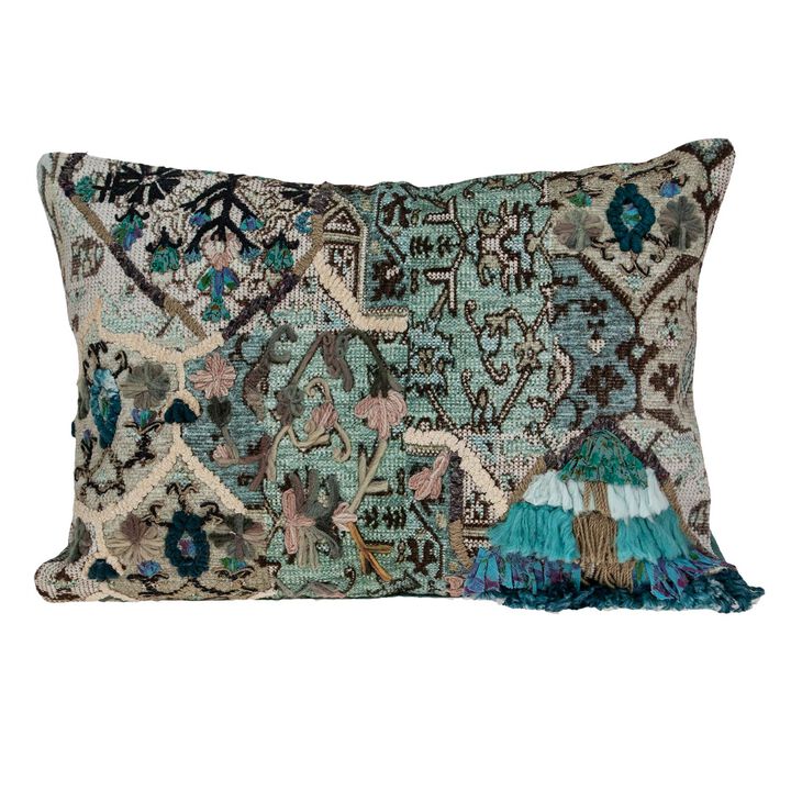 20" Blue and Beige Floral Tapestry Pattern Rectangular Throw Pillow