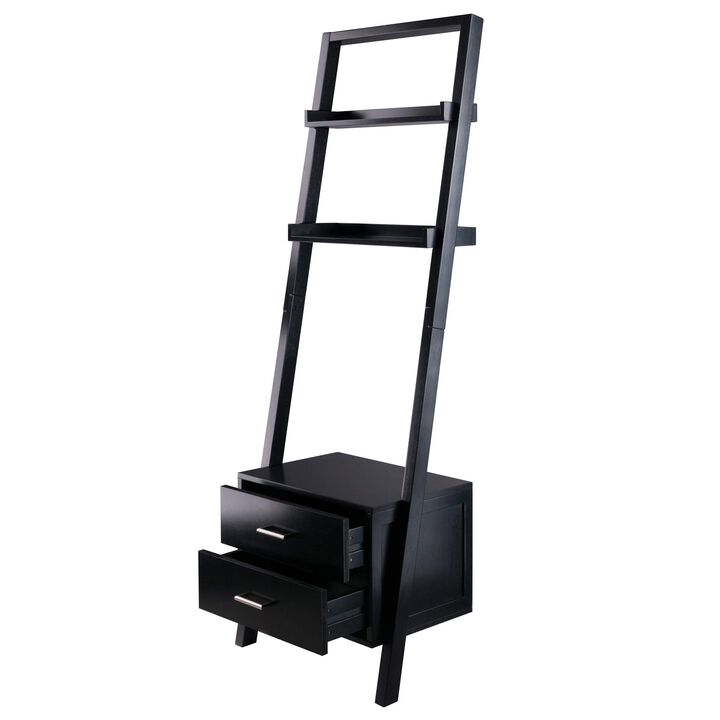 Ergode Wood Bellamy Leaning Shelf with Storage - Sleek & Stylish Space-Saving Solution, Black Finish, 2 Drawers & 2 Shelves, Side & Back Railings, Assembly Required - 22.99" W x 15.98" D x 69.36" H