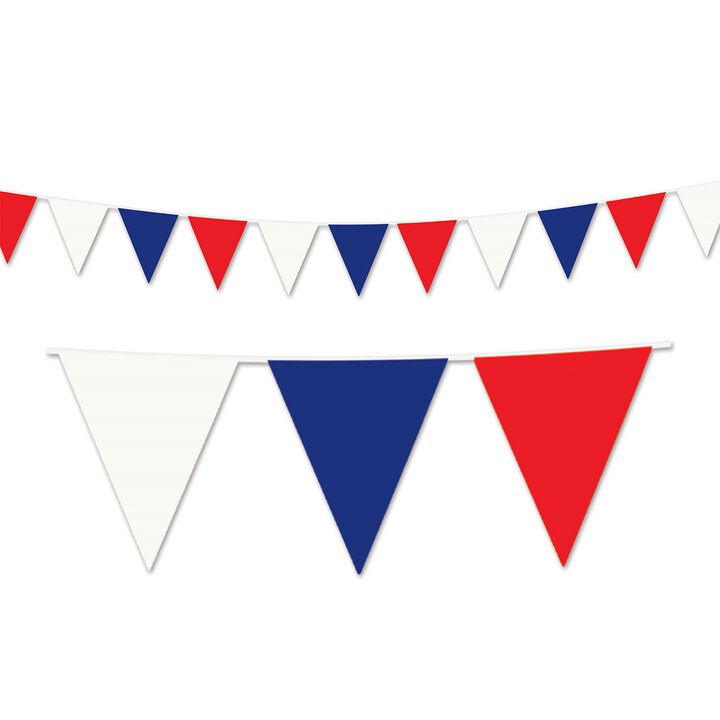 Club Pack of 12 White and Blue Patriotic Outdoor Pennant Banner Hanging Party Decor 120'