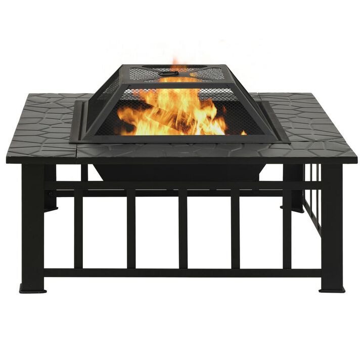 Outdoor Fire Pit with Poker and Mesh Cover, 32 Inch Black Steel Frame - Benzara