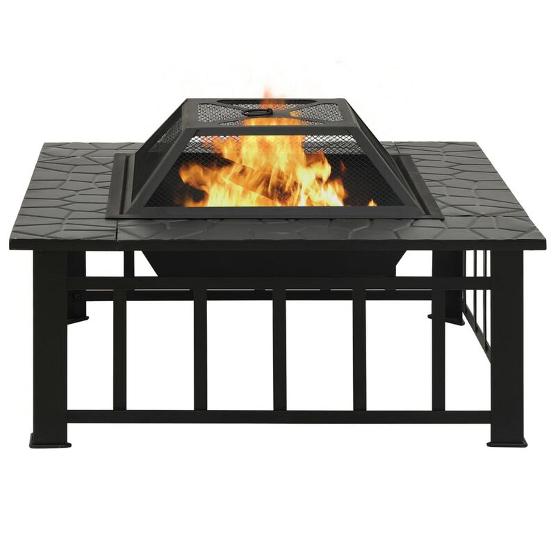 Outdoor Fire Pit with Poker and Mesh Cover, 32 Inch Black Steel Frame - Benzara