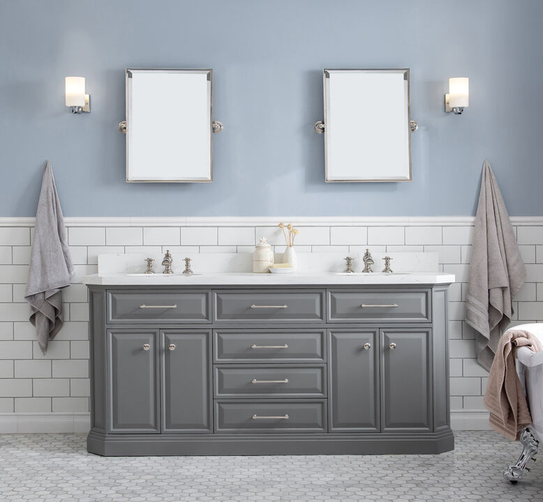 Palace 72 In. Double Sink Carrara Quartz Countertop Bath Vanity in Cashmere Grey with Polished Nickel (PVD) Hardware and Waterfall Faucets