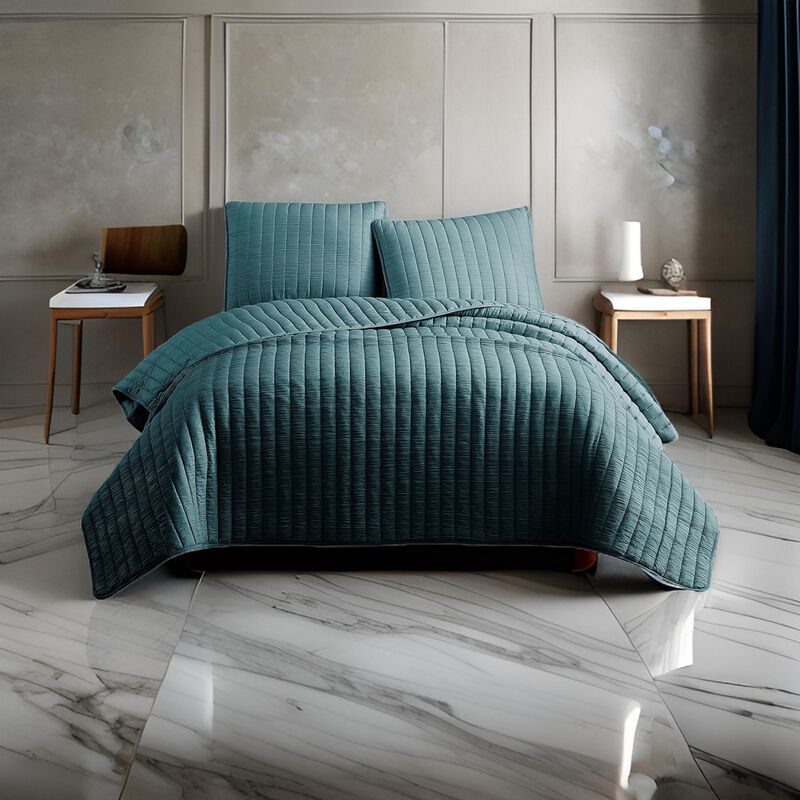 3 Piece Crinkle Queen Coverlet Set with Vertical Stitching, Turquoise Blue-Benzara