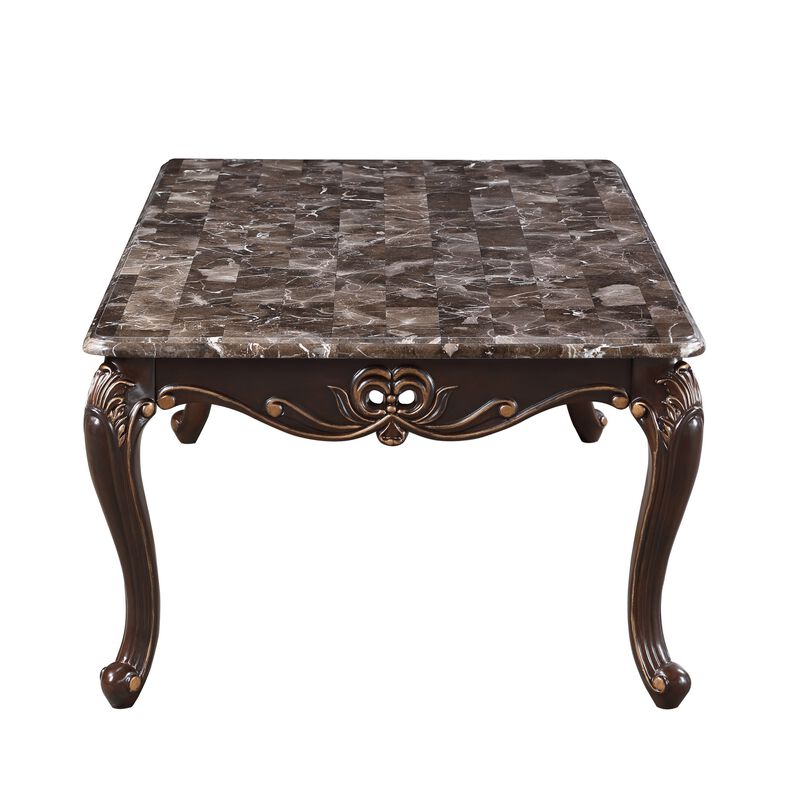 Cona 54 Inch Cocktail Coffee Table, Carved Gold Accent, Cherry Brown, Gray - Benzara