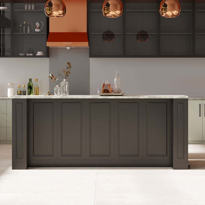 FUFU&GAGA Modern Kitchen Island with Storage, Marble-Texture Countertop, Built-in Power Outlets,MDF Cabinet with Drawers & Shelves, (94.5" W x 39.4" H x 31.3" D), Black
