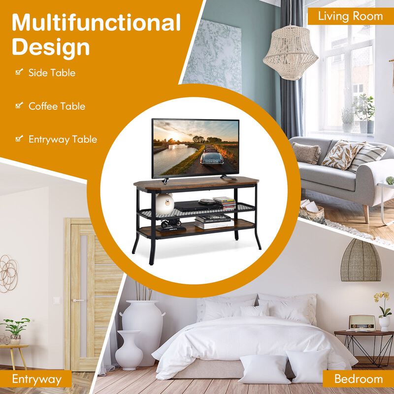 3-tier Console Table TV Stand with Mesh Storage Shelf-Rustic Brown