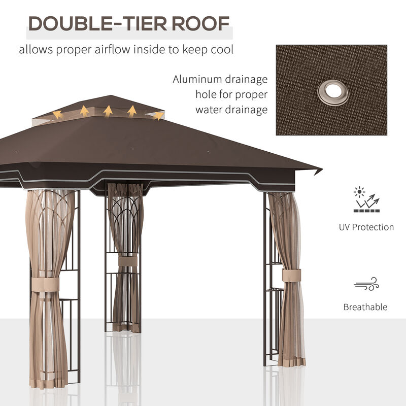 10' x 12' Patio Gazebo Outdoor Canopy Shelter w/ 2 Tier Roof, Brown