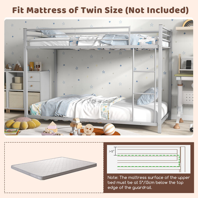 Low Profile Twin Over Twin Metal Bunk Bed with Full-length Guardrails