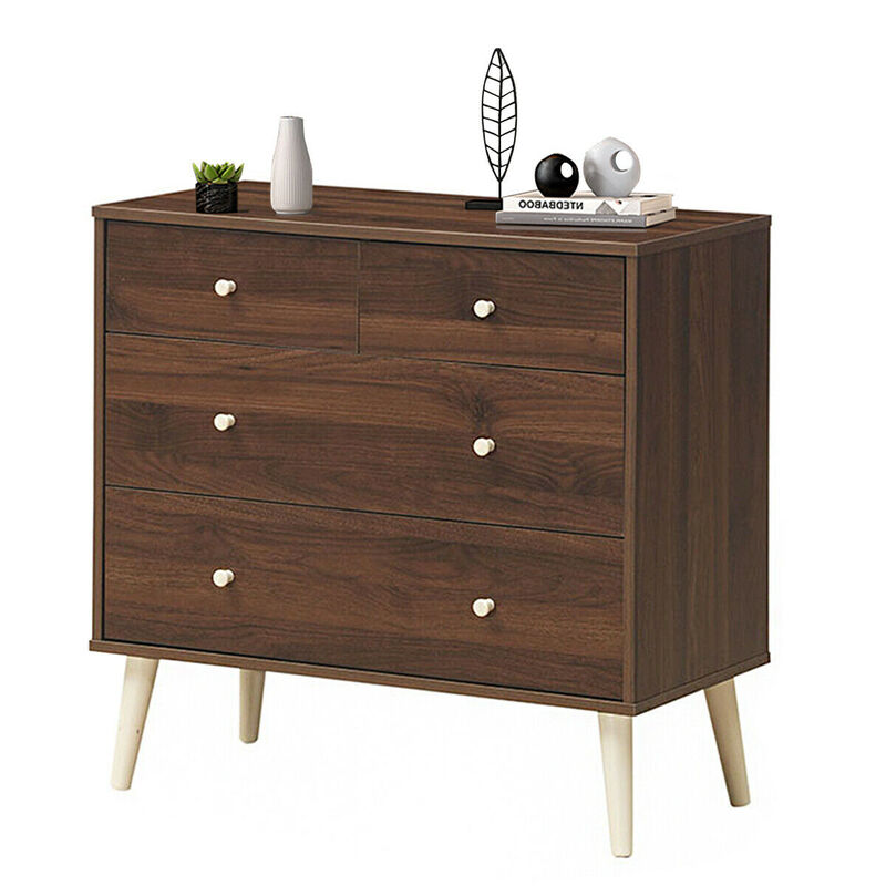 4-Drawer Dresser Cabinet Storage Organizer Rubber Leg with Rail-Brown