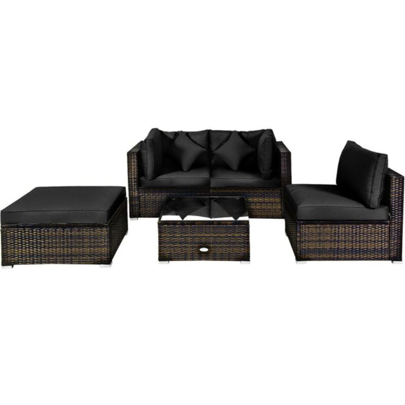 Hivvago 5 Pcs Outdoor Patio Rattan Furniture Set Sectional Conversation with Navy Cushions
