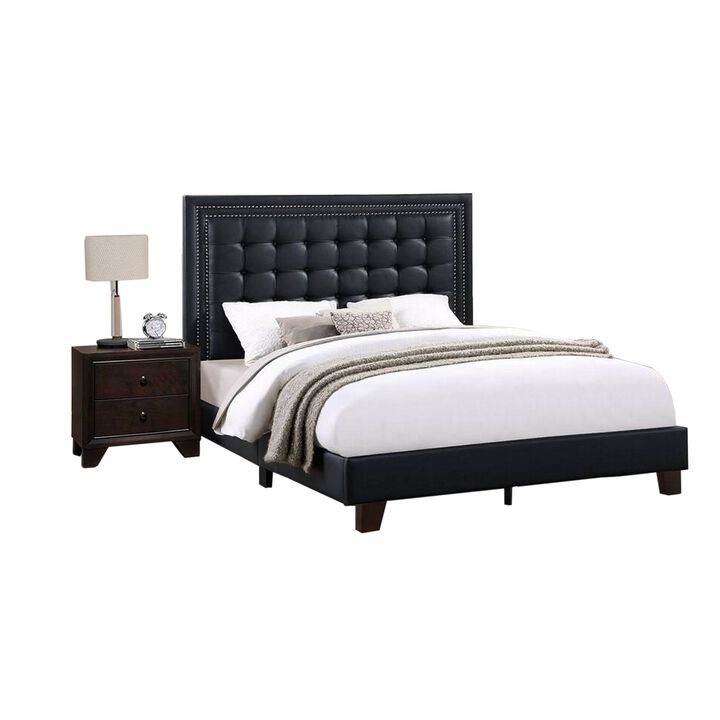 Vea Platform California King Bed, Tufted Upholstery, Black Faux Leather - Benzara