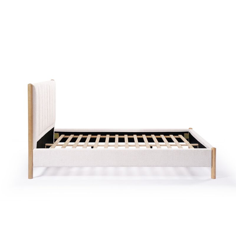 LuxenHome Vertical Rolls Upholstered Headboard with Rubberwood Legs Platform Bed, Queen