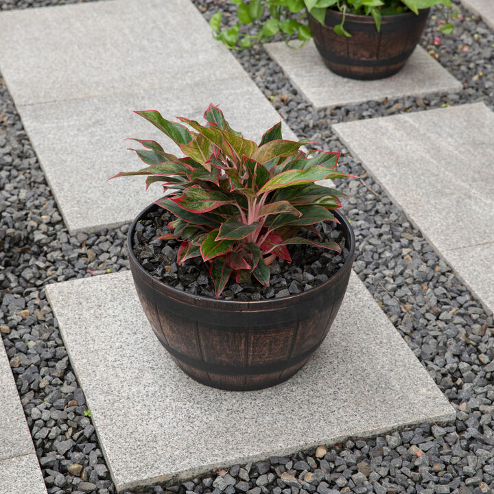 Brown Outdoor Rustic Half Barrel Flower Garden Planter Bowl, Plastic, Medium