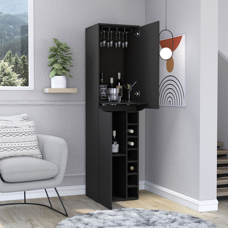 DEPOT E-SHOP Haora Tall Bar Double Door Cabinet, Seven Built-in Wine Rack, One Mobile Shelf, Two Interior Shelves, Black
