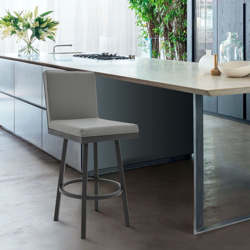 Swivel Vegan Faux Leather Cushion Counter Stool, Gray- Benzara
