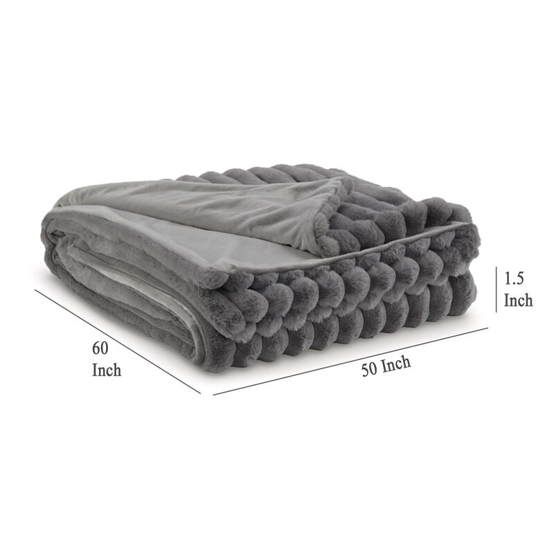 Visha Throw Blanket, Jacquard Faux Fur Stripes, Modern Gray Polyester - Benzara