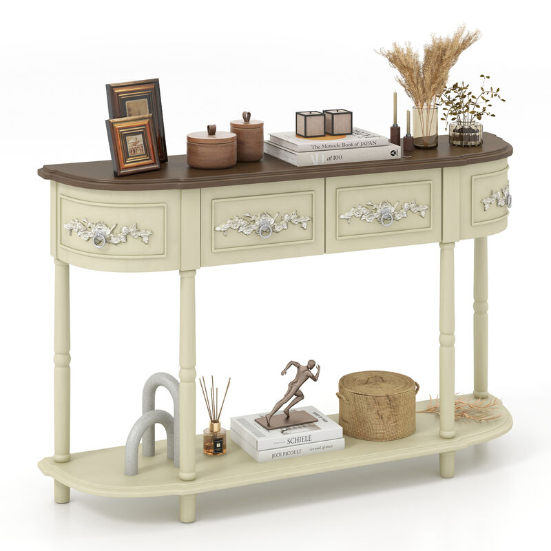 Retro Curved Console Table with Drawers and Solid Wood Legs for Living Room or Entryway