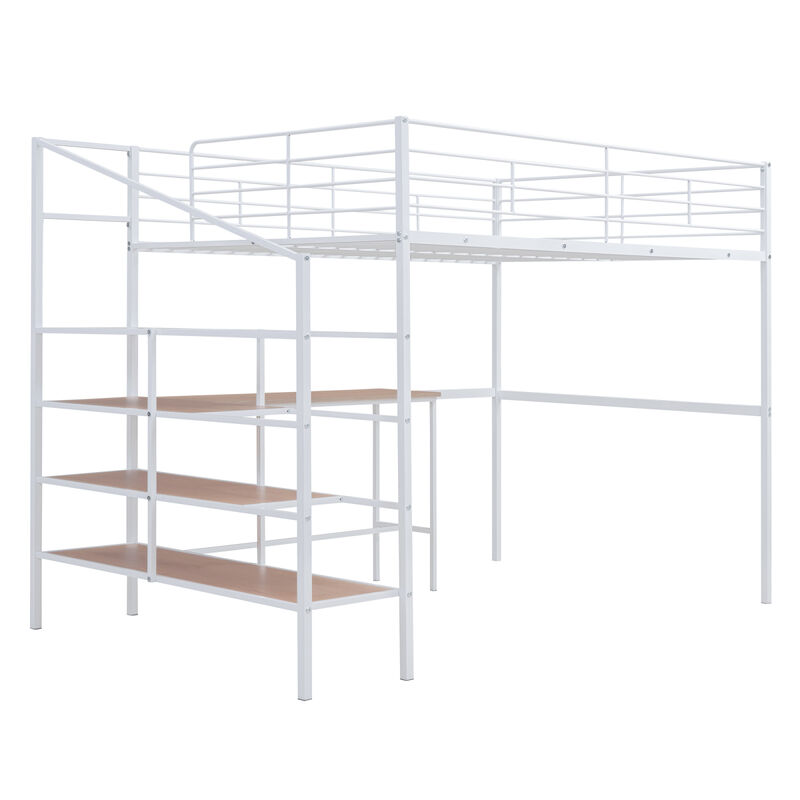 Full Size Metal Loft Bed With Desk And Lateral Storage Ladder