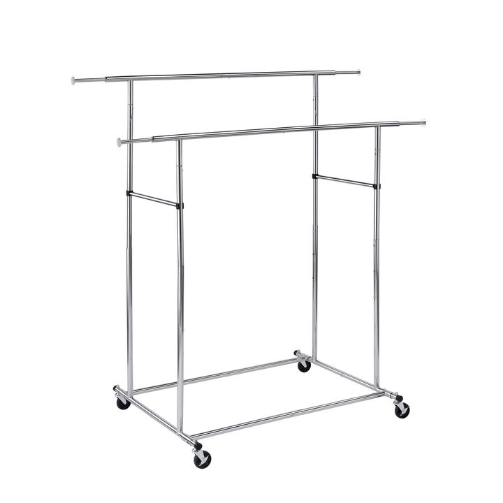 Dual Bar Tubular Metal Frame Garment Rack with Casters, Chrome - Benzara