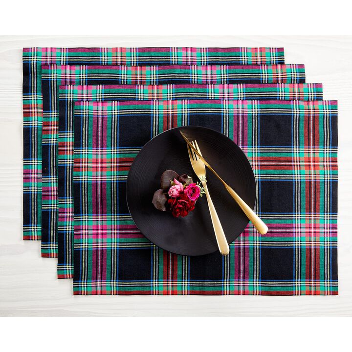 Solino Home 100% Pure Linen Placemats 14 x 19 Inch Set of 4 |Jewel Plaid