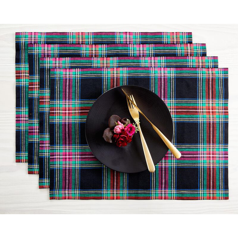 Solino Home 100% Pure Linen Placemats 14 x 19 Inch Set of 4 |Jewel Plaid