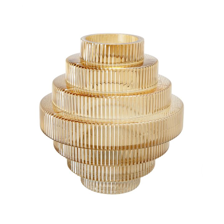 Rae 10 Inch Glass Vase, Geometric Round, Amber Yellow and Clear Finish-Benzara