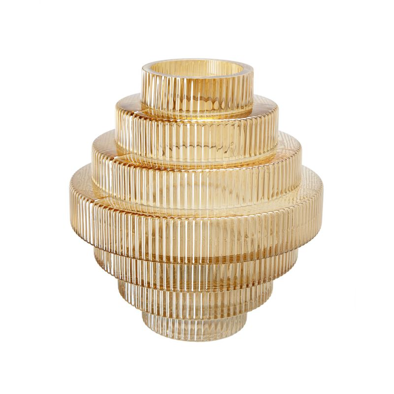 Rae 10 Inch Glass Vase, Geometric Round, Amber Yellow and Clear Finish-Benzara