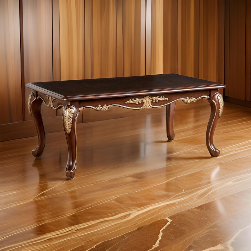 Saili Coffee Table, Gold Carvings, 48 Inch, Cabriole, Tobacco Brown Wood