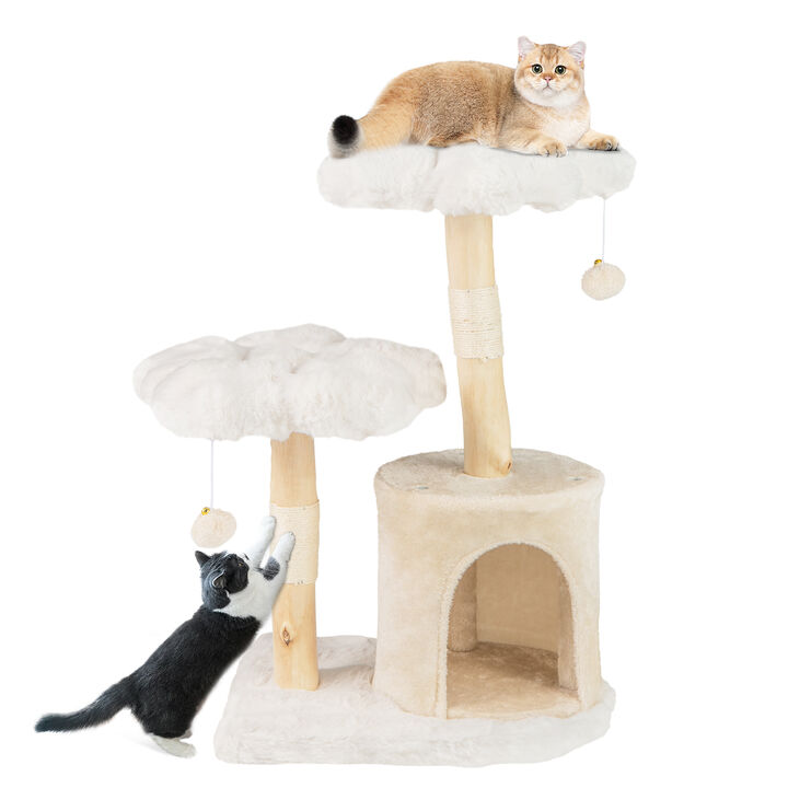 Cute Solid Wood Cat Tree Natural Branch Modern Flower Cat Tower with Sisal Scratching Posts