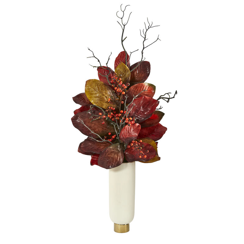 Hivvago 38" Autumn Magnolia Leaf with Berries Artificial Plant in Cream Planter with Gold Base