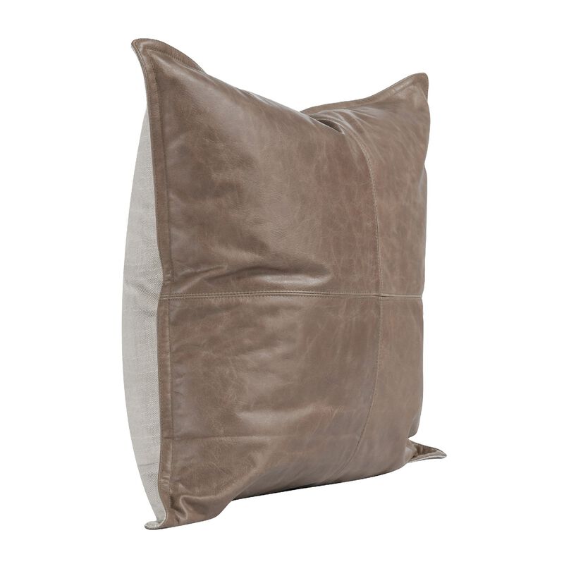 Norm 22 Inch Square Leather Decorative Throw Pillow, Stitched, Taupe Brown-Benzara
