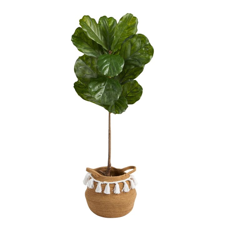Hivvago 4 Feet Fiddle Leaf Artificial Tree in Boho Chic Handmade Natural Cotton Woven Planter with Tassels UV Resistant (Indoor/Outdoor)