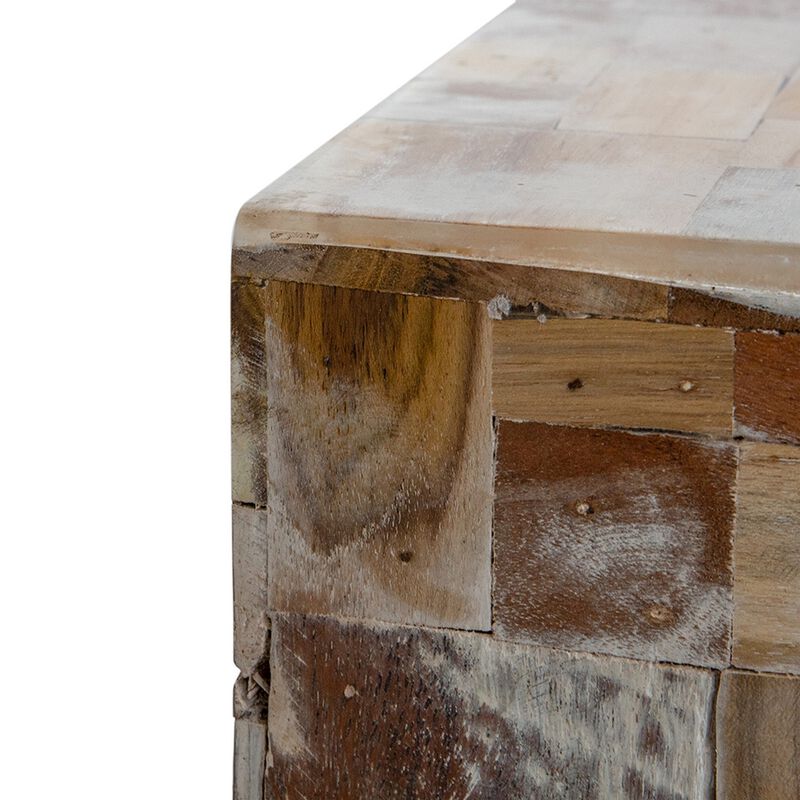 19 Inch Side End Table Stool, Square, Resin Patchwork Style Design, Brown - Benzara