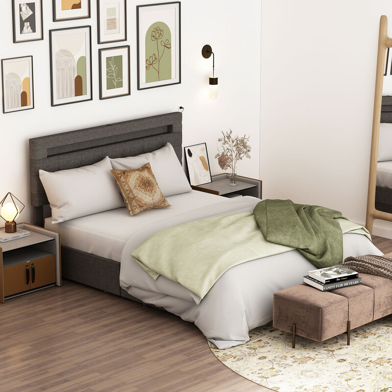 FUFU&GAGA Grey Upholstered Full-Size Bed Frame with Storage Drawers (65.4" W x 82.7" L x 42.1" H),Grey