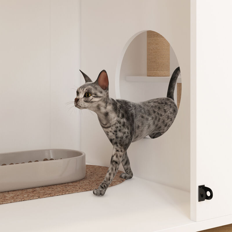FUFU&GAGA White Cat Cabinet with Metal Lock, Cat Hole, Metal Hinges, Cable Management, Raised Feet & Metal Slide, (63" x 23.6" x 39.4"),White
