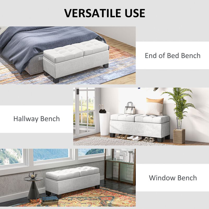 46" Cream Storage Ottoman: Button Tufted, Steel Frame