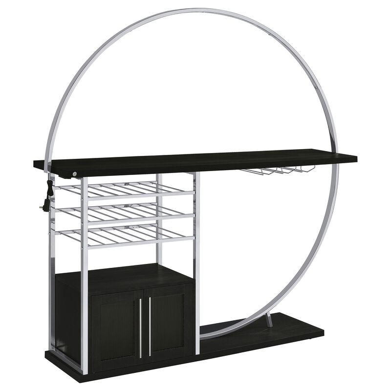 Riya Home Bar Table, LED Light, Cabinets, Wine Storage, Black, Chrome Metal - Benzara