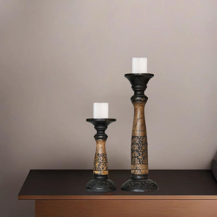 Traditional Black Wash Eco-friendly Handmade Mango Wood Set Of Two 9" & 15" Pillar Candle Holder