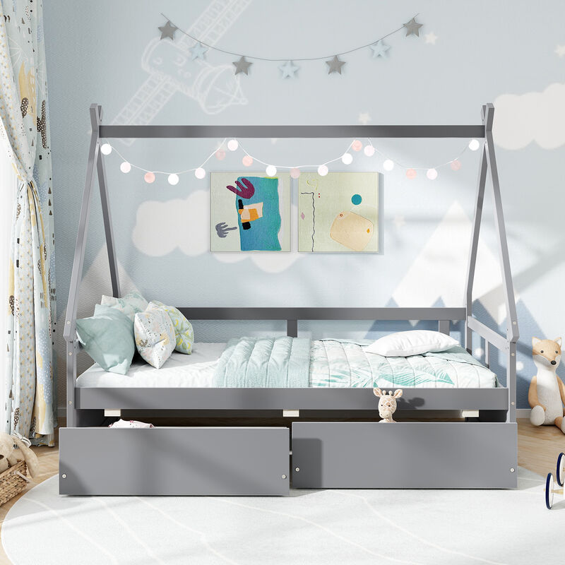 House Bed with Roof and Safety Guardrail