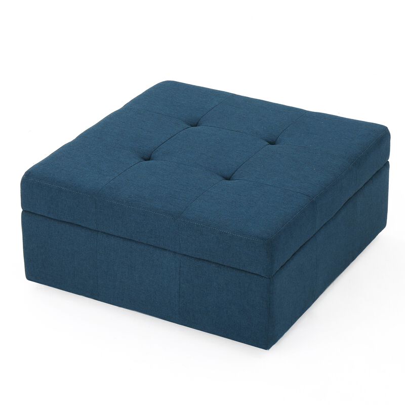 Low Accent Ottoman with Storage, 31 Inch Square, Tufted Navy Blue - Benzara
