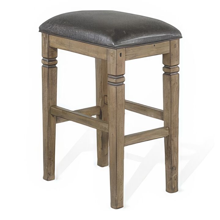 Yael Barstool, Black Faux Leather Cushioned, Taupe Mahogany Solid Wood - Benzara