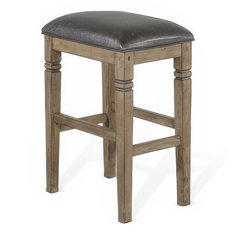 Yael Barstool, Black Faux Leather Cushioned, Taupe Mahogany Solid Wood - Benzara