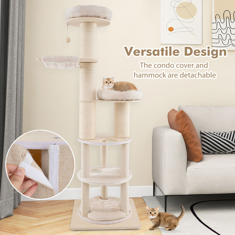Tall Wooden Cat Tower Tree with 2-Story Cat Condo and Washable Cushions